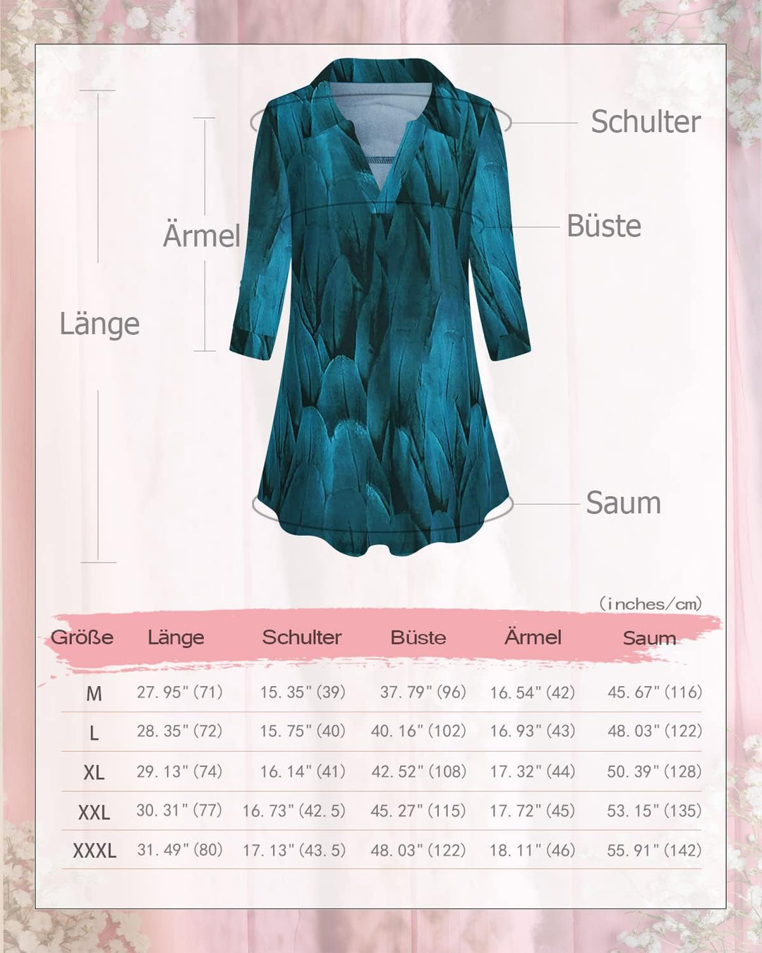 Siddhe Damen V-Ausschnitt Bluse 3/4 Ärmel Oberteile Tunika Tops Locker Longshirt Lässige T-Shirt Lan
