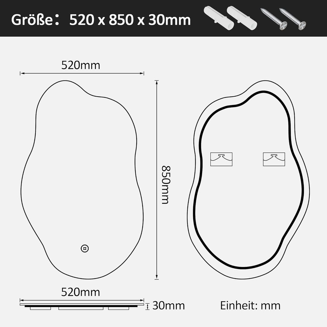 Boromal Asymmetrischer Badspiegel mit Beleuchtung 52x85cm Asymmetrischer Spiegel mit Beleuchtung Spi