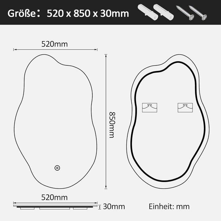 Boromal Asymmetrischer Badspiegel mit Beleuchtung 52x85cm Asymmetrischer Spiegel mit Beleuchtung Spi