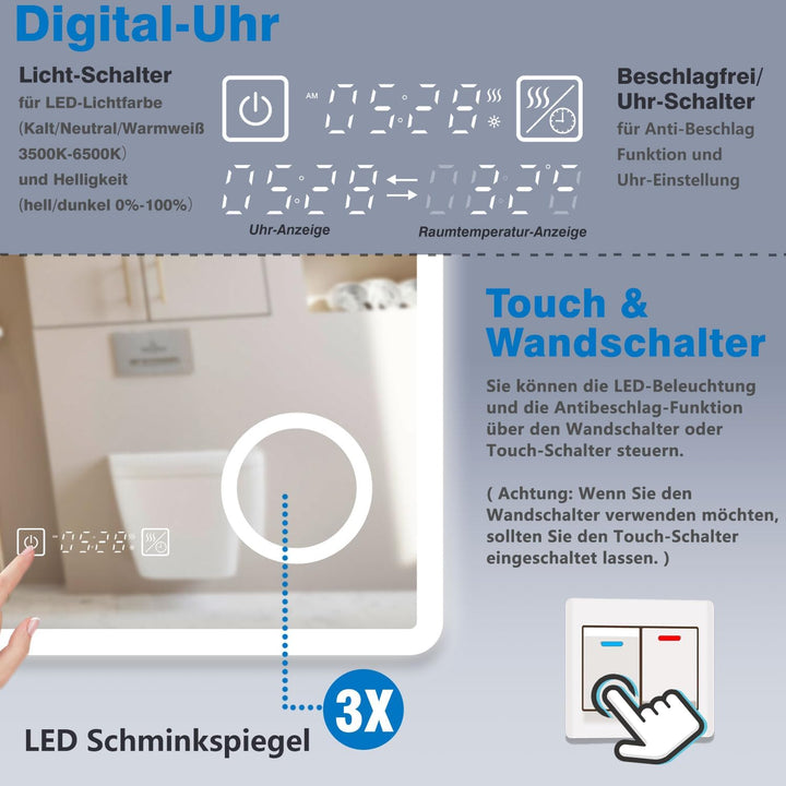 Aica Sanitär LED Badspiegel 70x50cm Uhr Steckdose Schminkspiegel 3 Lichtfarbe Wandspiegel mit dimmba