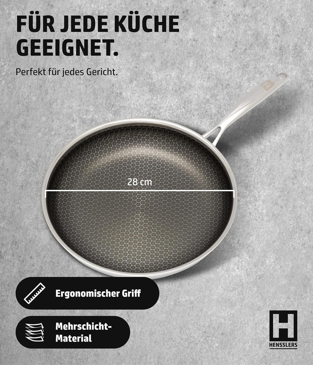 HENSSLERS® Pfanne 28 cm [ALLE HERDARTEN] - Bratpfanne zum Kochen &amp; Braten - Antihaft Wabenpfanne - I