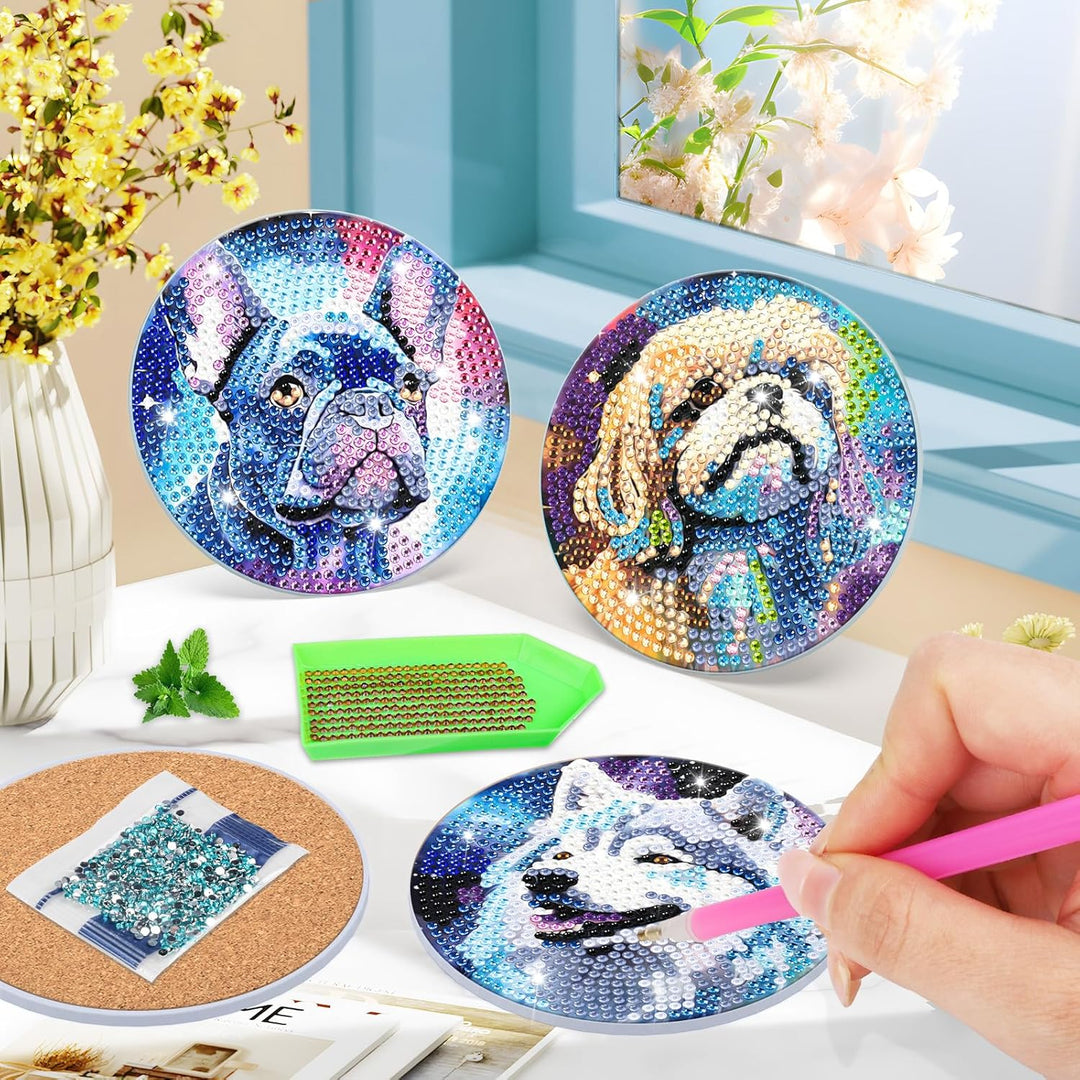 8 STK Diamond Painting Untersetzer Hund mit Halter, Diamond Painting Hund, Diamant Painting Bilder E