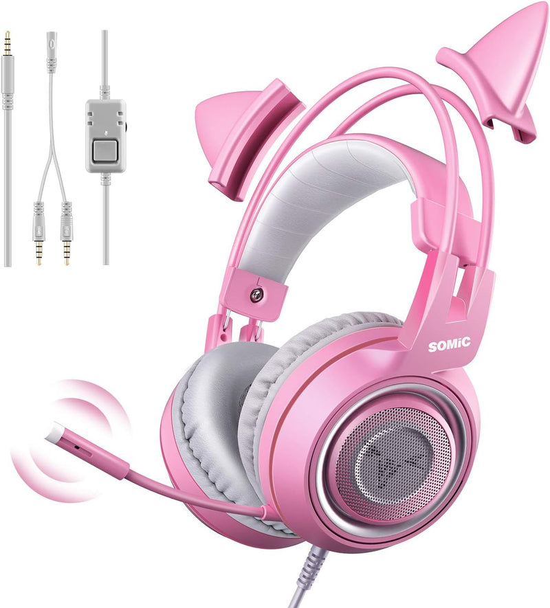 Somic G951S Rosa Gaming-Headset mit Mikrofon, Mädchen Frauen Rosa Katze Ohr-Kopfhörer mit 3,5-mm-Kab