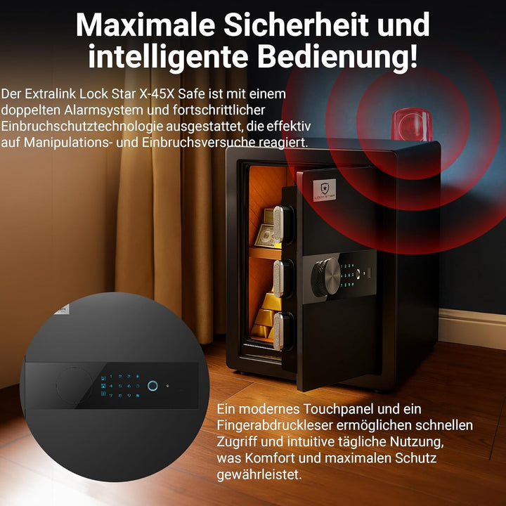 EXTRALINK Elektronischer Tresor Für Zuhause – Safe Mit Touchscreen, Code & Biometrischem Fingerabdru