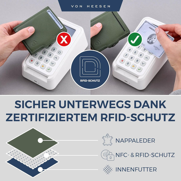 VON HEESEN Slim Wallet mit XL Münzfach Grün Grün XL MÜNZFACH (Kartenslot), Grün XL MÜNZFACH (Kartens