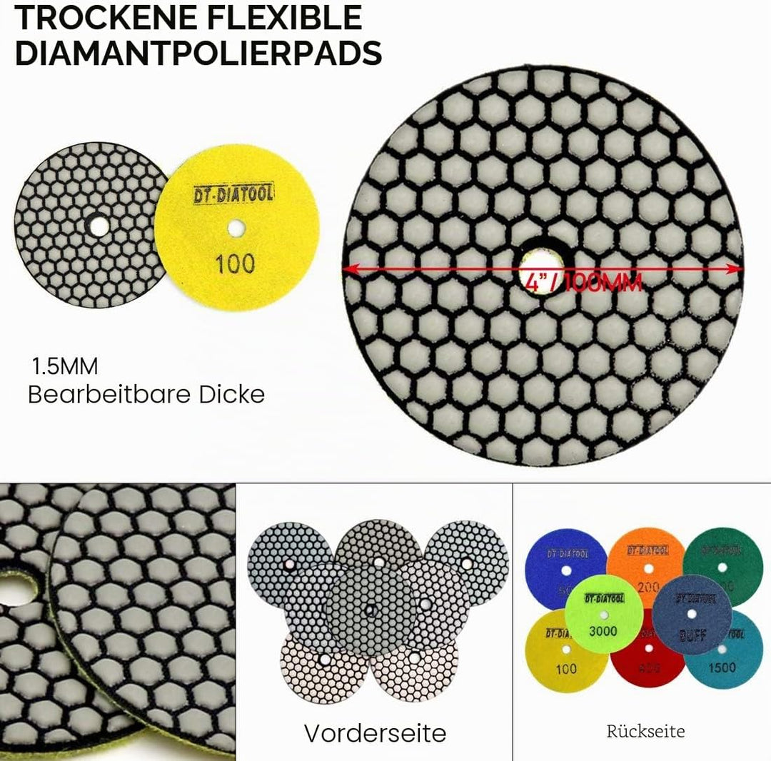DT-DIATOOL Trockene Diamant Schleifpad 100mm 8 Stücke #100 für Granit Marmor Keramik Körnung 100, Kö