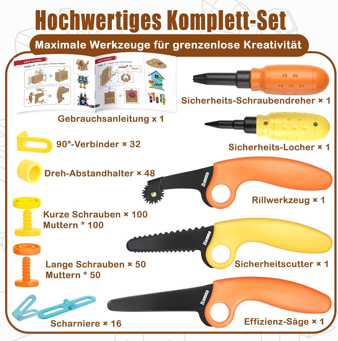 Karton-Baukasten mit Werkzeugen für Kinder – 3D Bastelset mit Sicherheitsringen, Schrauben & Muttern