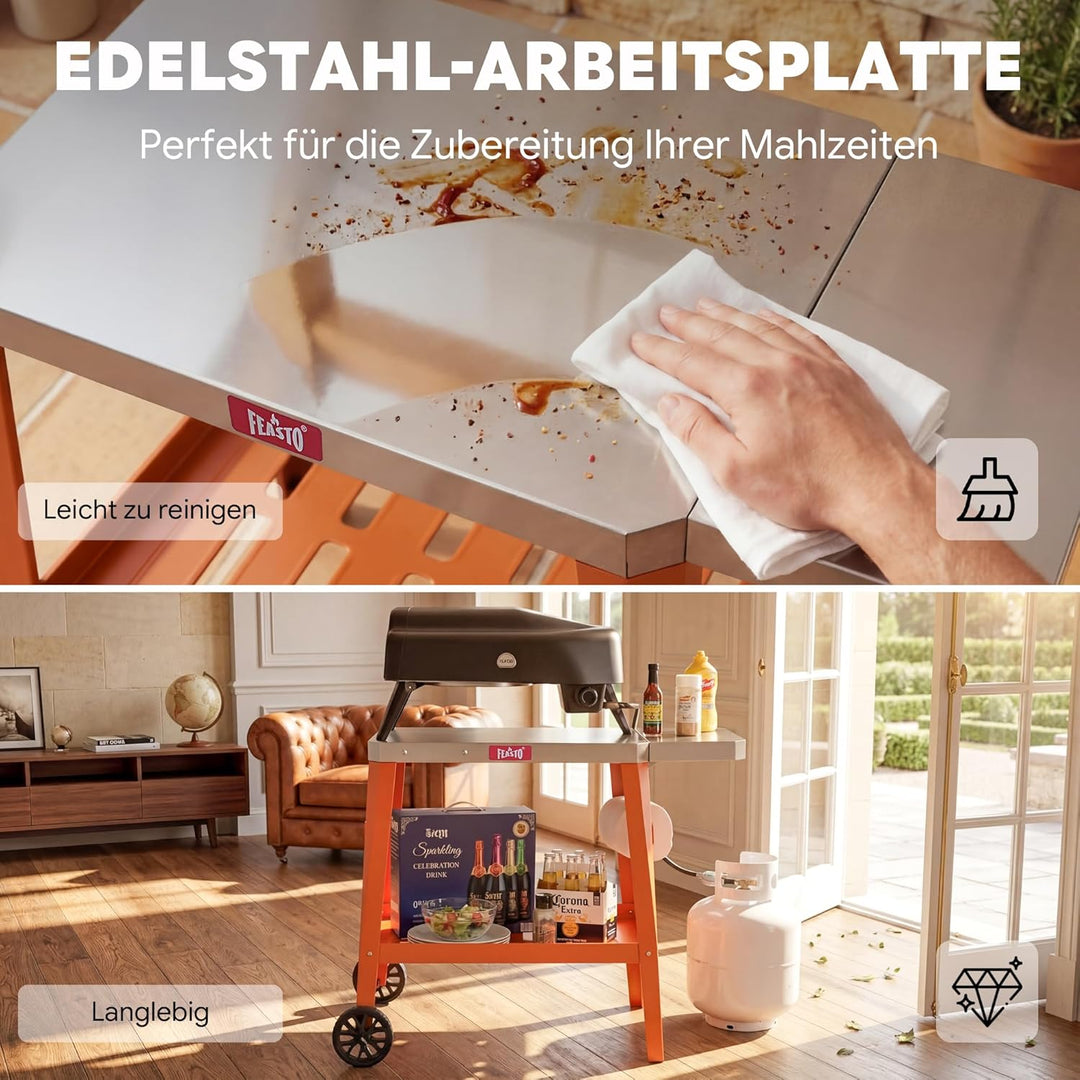 Feasto Grillwagen mit klappbarer Seitenablag, Grilltisch mit Edelstahlplatte, Servierwagen für Küche