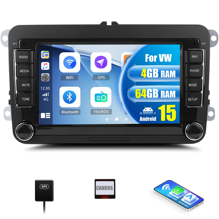 CAMECHO 4+64G Android 15 Autoradio für VW Golf 5 6 Touran Polo Touran mit Carplay/Android Auto/Mirro