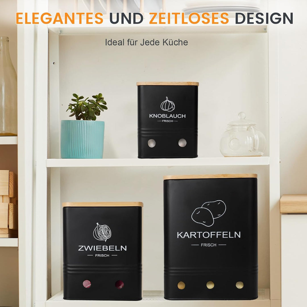 Kartoffel Aufbewahrungsbox, Aufbewahrung Kartoffeln Zwiebeln Knoblauch - 3er Set mit Bambusdeckel -