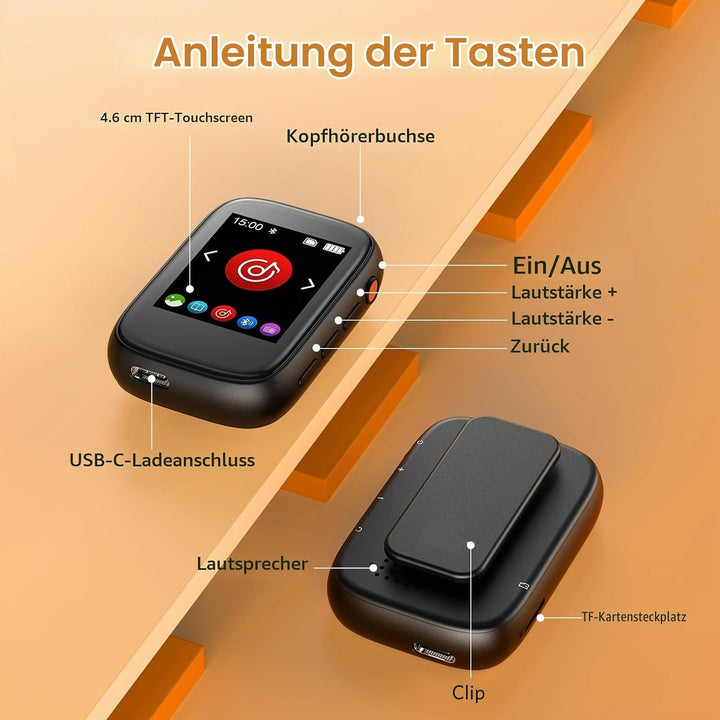 MP3 Player Bluetooth 5.3 mit Clip,Tragbarer Music Player mit Kopfhörer, Lautsprecher, FM-Radio,Sprac