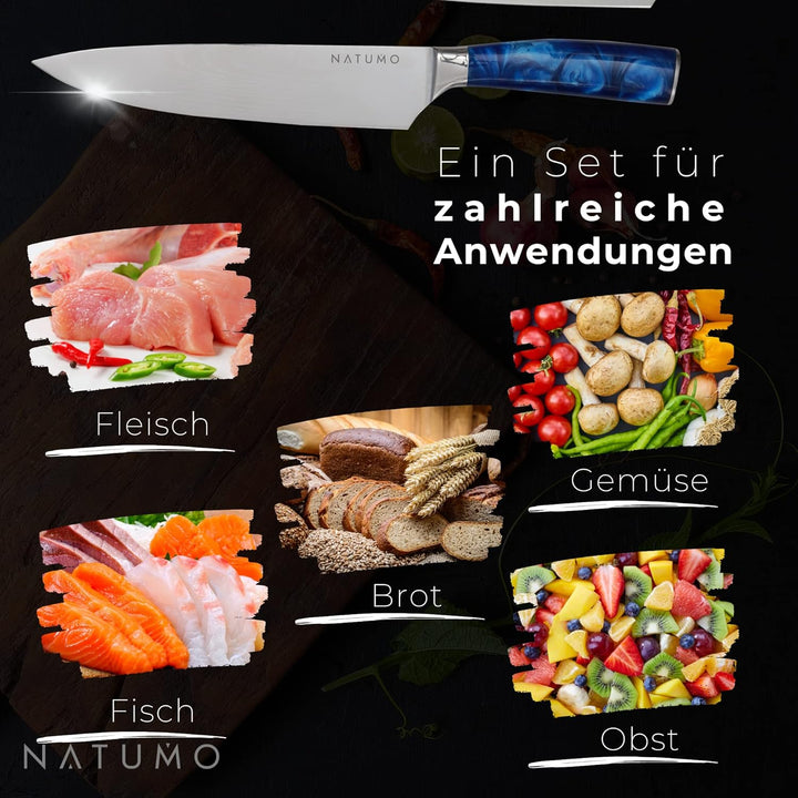 NATUMO Küchenmesser Set 9-teilig. HRC 56+ scharfes Messerset Profi in Damast-Optik aus Allzweckmesse