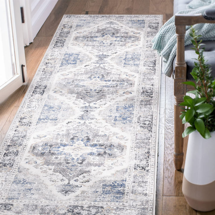 TOPICK Läufer Flur Waschbar Fussmatte Innen Grau Küche Läufer Vintage Blume Orientalischer Dünner Fa