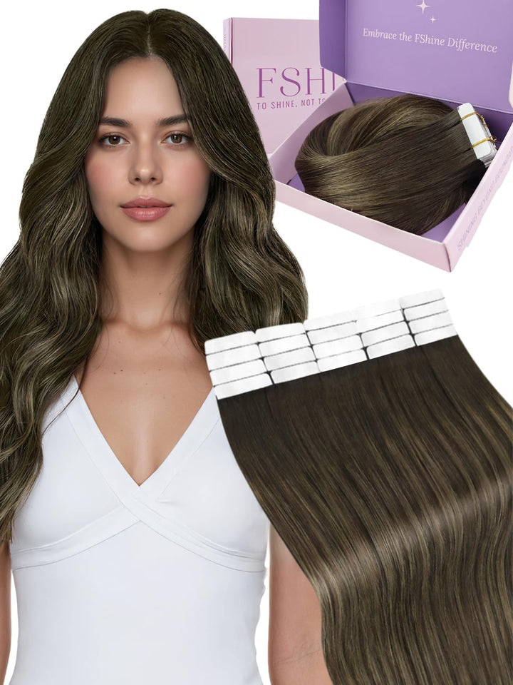 Fshine Echthaar Extensions Tape in Echthaar Balayage Dunkelbraun bis Kastanienbraun 30cm 20 Stücke 3