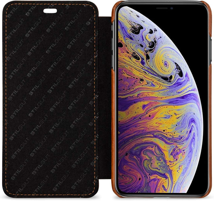 STILGUT Schutz-Hülle kompatibel mit iPhone XS Max Book Type aus Echtleder, Cognac, cognac