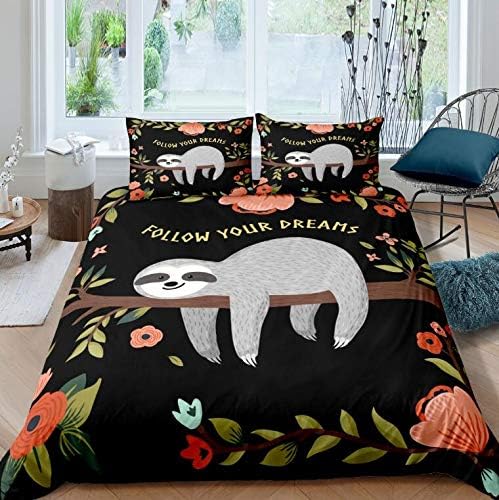 Loussiesd Faultier 155x220 cm Bettwäsche Set Kinder Faultier Tiere Bettbezug Tropische Blumen Blätte