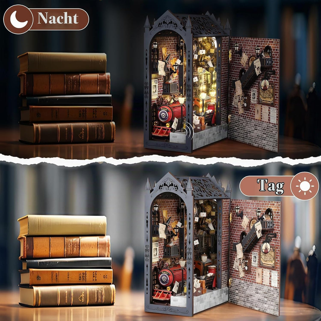 DIY Book Nook Kit, Magischer Bahnsteig Puppenhäuser Miniatur Haus Kit mit Staubschutzhülle LED-Licht