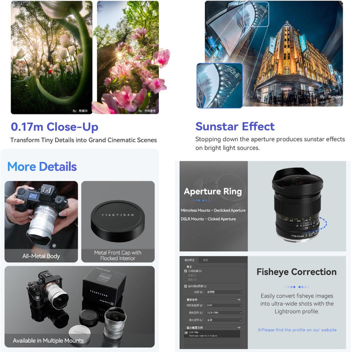 TTArtisan 11mm F2.8 Kameralinse Fisheye kompatibel mit L Mount Kameras wie T TL TL2 CL（APS-C-Modus）