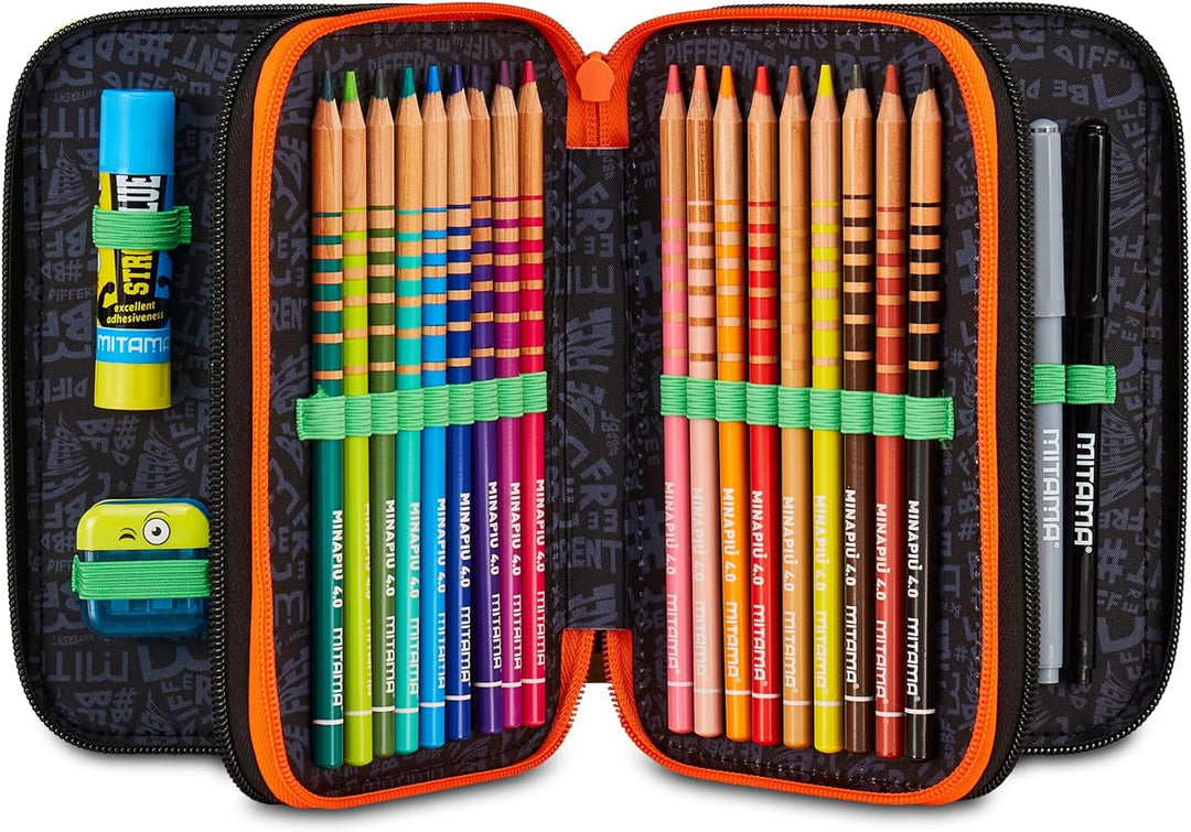 Mitama Federmäppchen mit 3 Fächern und 47 Teilen, gefülltes Schüleretui, Federtasche für Schreibware