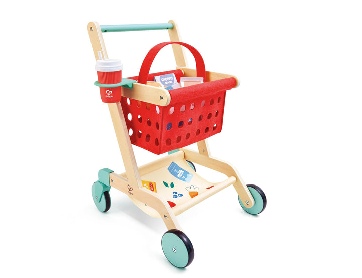 Hape Little Shopper Einkaufswagen aus Holz – Kinder Einkaufswagen mit Korb &amp; Zubehör – Kaufladen Zub