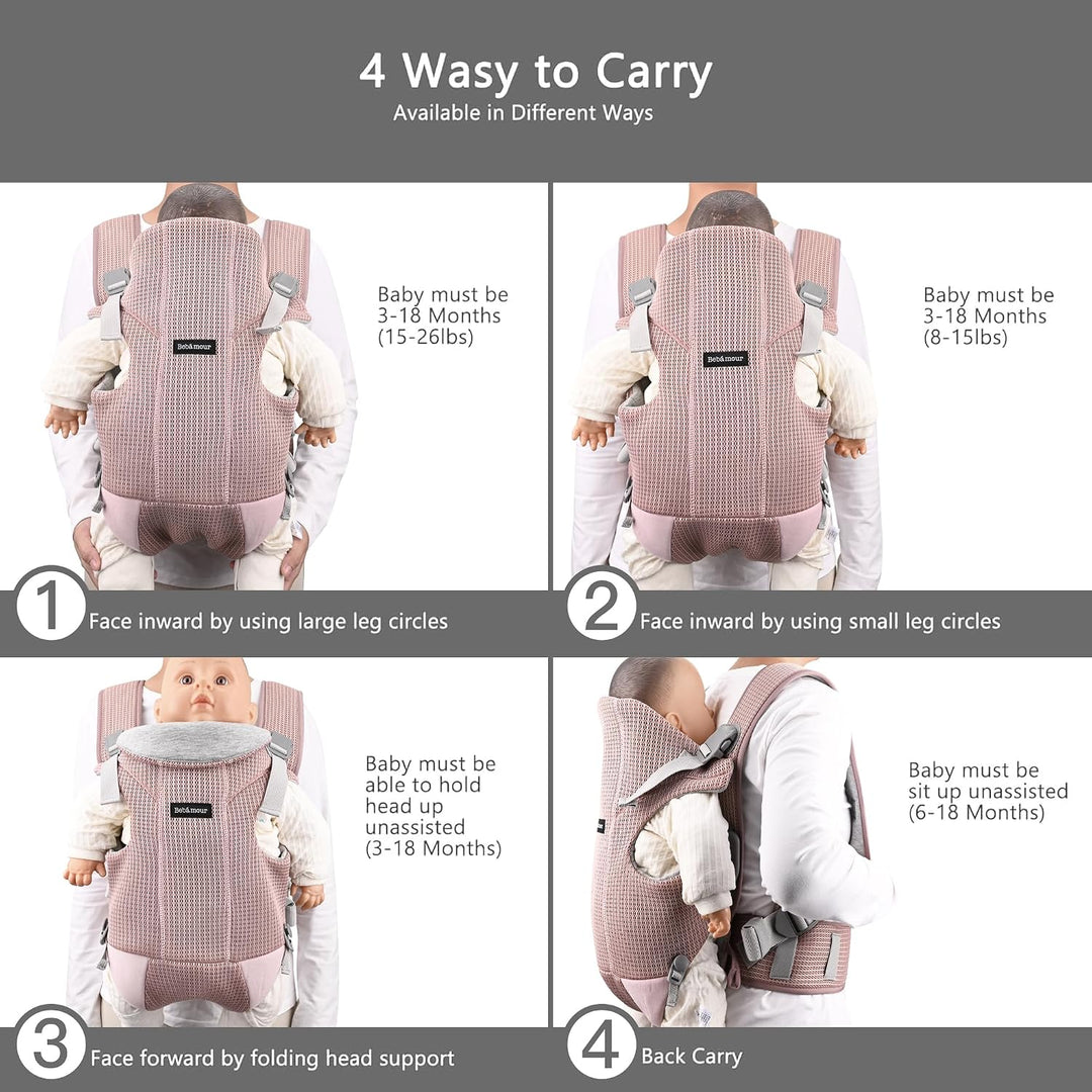 Bebamour Babytrage Vorder und Rückentrage mit 2 Schulterlätzchen,Dusty Pink, Dusty Pink