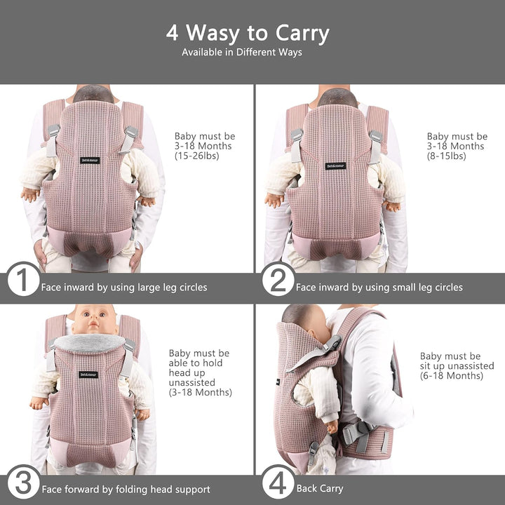 Bebamour Babytrage Vorder und Rückentrage mit 2 Schulterlätzchen,Dusty Pink, Dusty Pink
