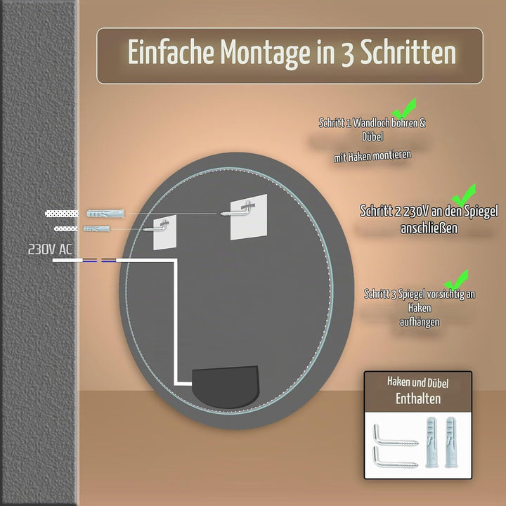 Venti 60cm Badspiegel mit Beleuchtung, Badezimmerspiegel mit Beleuchtung, LED Badspiegel, Spiegel Ru