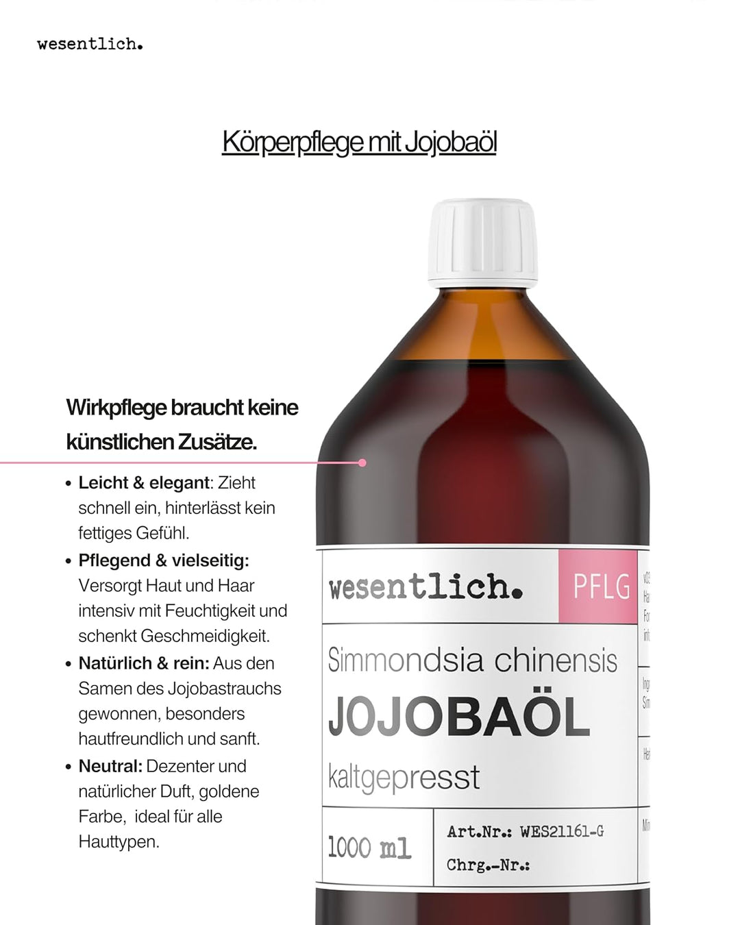 wesentlich. Jojobaöl kaltgepresst 1000ml | nativ - 100% reines Jojobaöl | vegan | Haut - Haare - Bar
