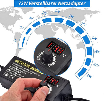 Einstellbares Netzteil 3V-24V Universal Netzteiladapter 3A 72W Verstellbarer Netzadapter 100V-240V A