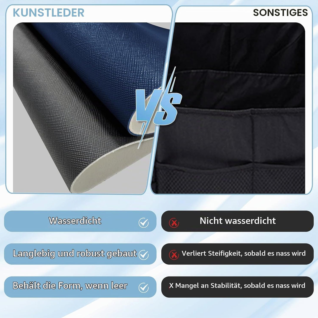Auto Kofferraum Organizer, Zusammenklappbarer Leder Kofferraumtasche mit Deckel und Stabilem Griff A