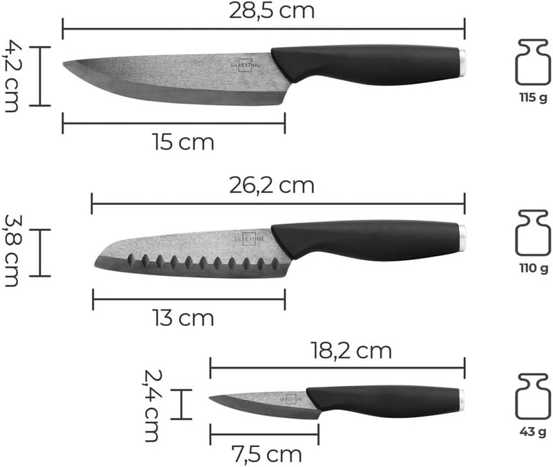 SILBERTHAL Messerblock mit Messer Schwarz - Messerset 3-teilig - robuste Keramikmesser (Santokumesse