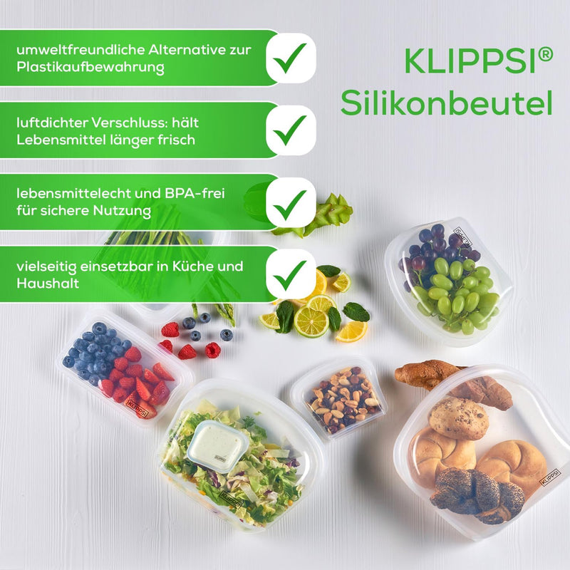 KLIPPSI® Wiederverwendbare Silikonbeutel Set Gefrierbeutel Aufbewahrungsbeutel reissfest, hitze-kält