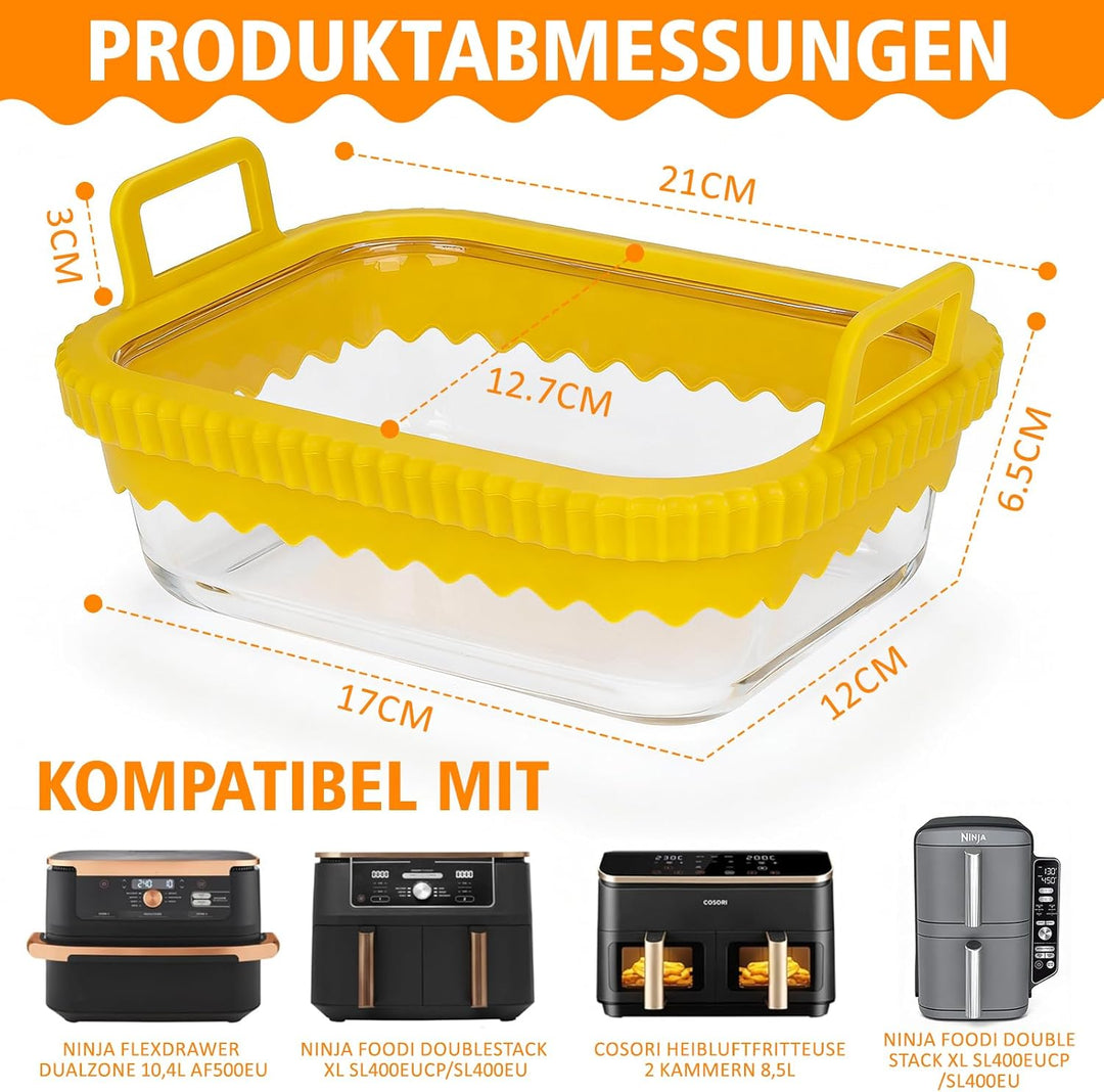 Glas Auflaufform Airfryer mit Silikongriffen für Ninja Heissluftfritteuse Zubehör AF400EU/DZ400EU/AF