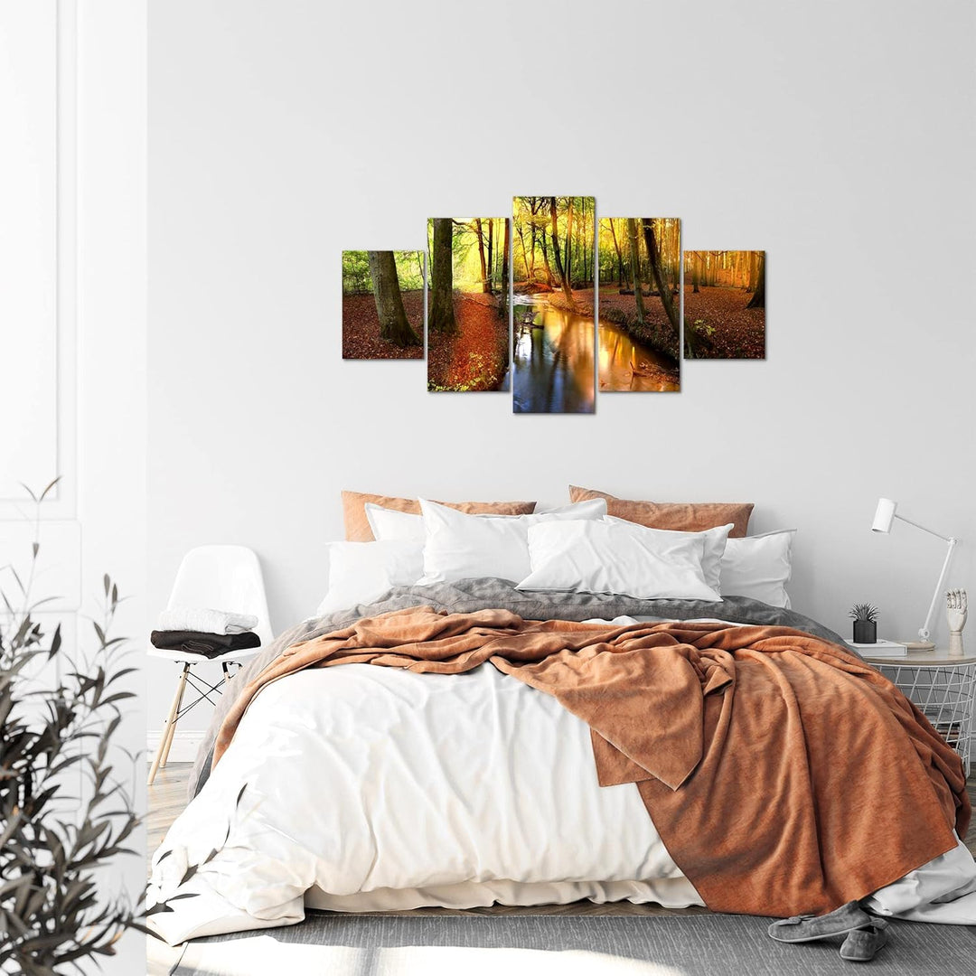 Runa Art Bild Schlafzimmer Wohnzimmer Wald Landschaft 5 Teilig Fluss Braun Wandbilder auf Vlies Lein
