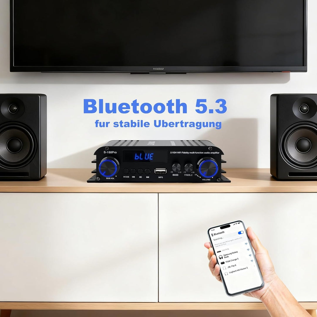 2.1 Kanal Mini hifi Verstärker - Bluetooth 5.3 Audioverstärker mit 1000W Peak | 50W×2 RMS + Subwoofe