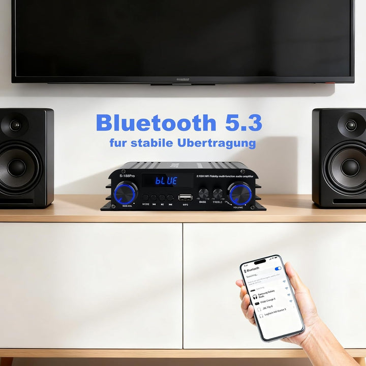 2.1 Kanal Mini hifi Verstärker - Bluetooth 5.3 Audioverstärker mit 1000W Peak | 50W×2 RMS + Subwoofe