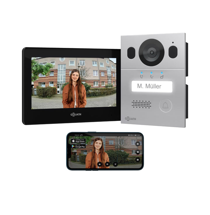 GOLIATH Basic Video Türsprechanlage, 2 Draht Bus, 7 Zoll Monitor, Aufputz Türklingel mit Kamera, Geg