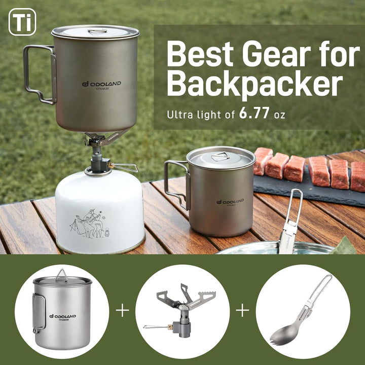 Odoland Titanium Camping Geschirr, Campingkocher 750ML Titanium Mugs, 1900W Ultra Light Titanium Min