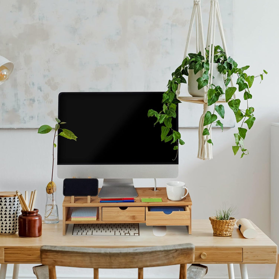 Relaxdays Monitorständer, aus Bambus, Ablagefach, 2 Schubladen, Erhöhung für Monitor, Laptop, HBT: 1