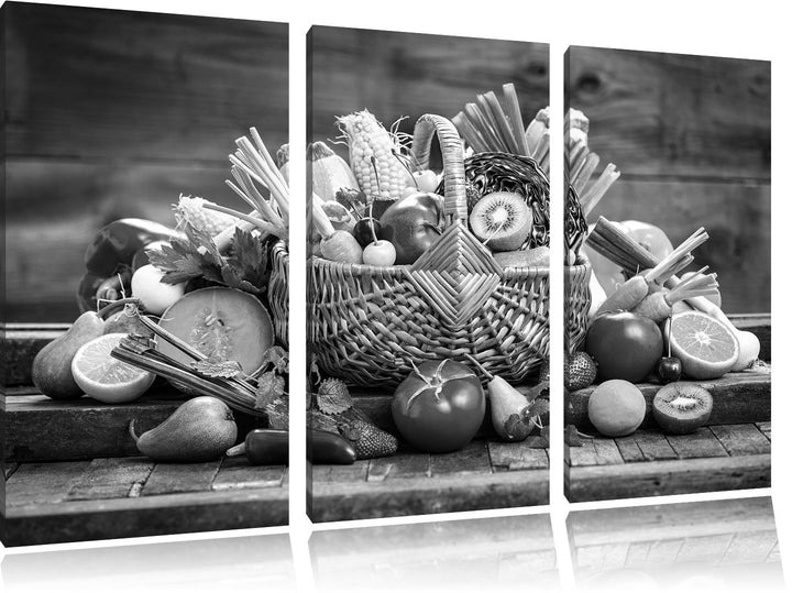 Pixxprint Frisches Obst und Gemüse im Korb Kunst B&W 3-Teiler Leinwandbild 120x80 Bild auf Leinwand