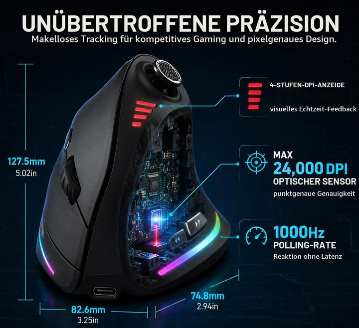 Kabellose Ergonomische Maus mit Joystick, vertikale Bluetooth-Gaming-Maus, 12 programmierbare Tasten