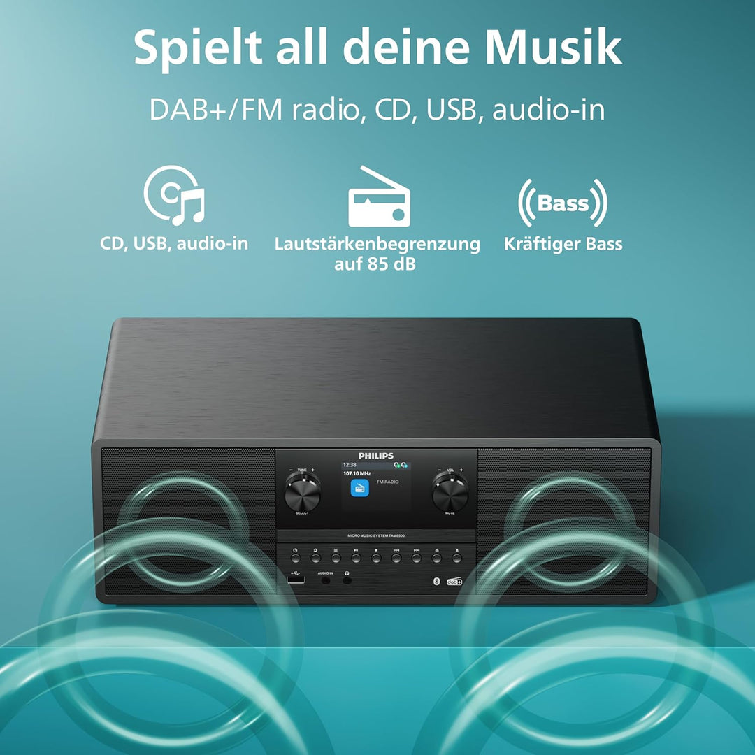 Philips TAM6500/10 100-Watt-Mikro-Musiksystem, Bluetooth 6.0, Auracast, DAB+/UKW-Radio, CD/USB/Audio