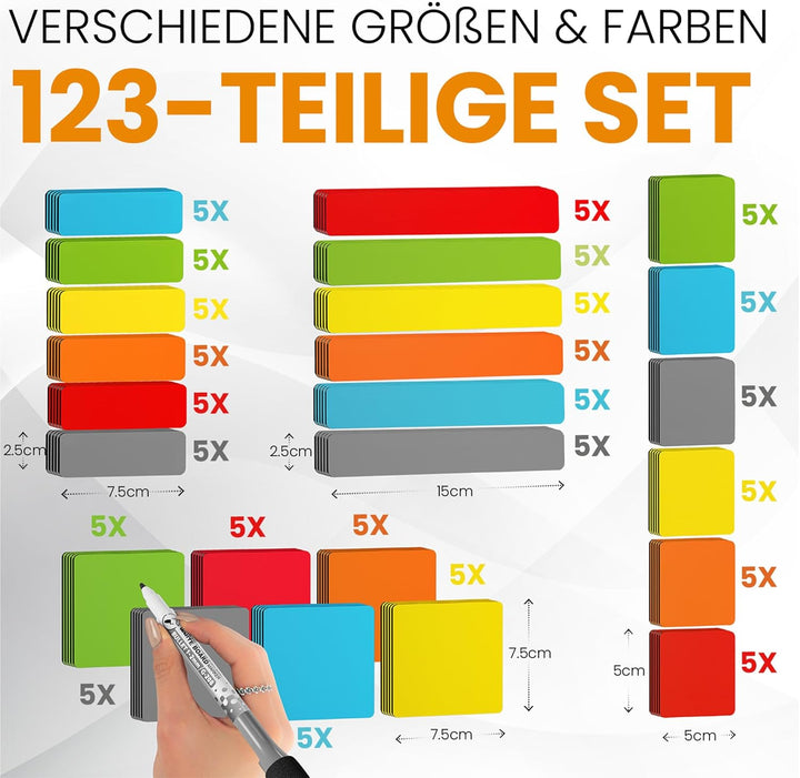 ATWAM - 123 Beschreibbare Magnete - Zubehör MEGA Set - 4 Verschiedene Grössen - 6 Magnetstreifen Bes