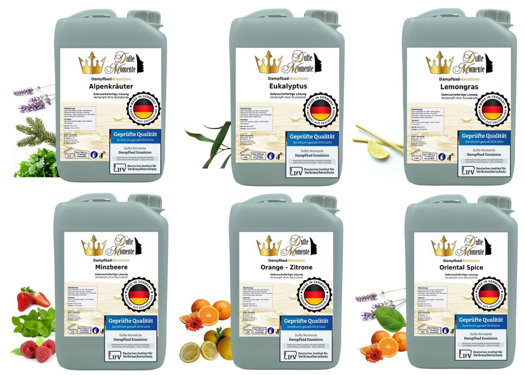 Dufte Momente | Dampfbad Emulsion 6 x 3 Liter | freie Wahl aus 28 Düften | mit naturreinen und natür