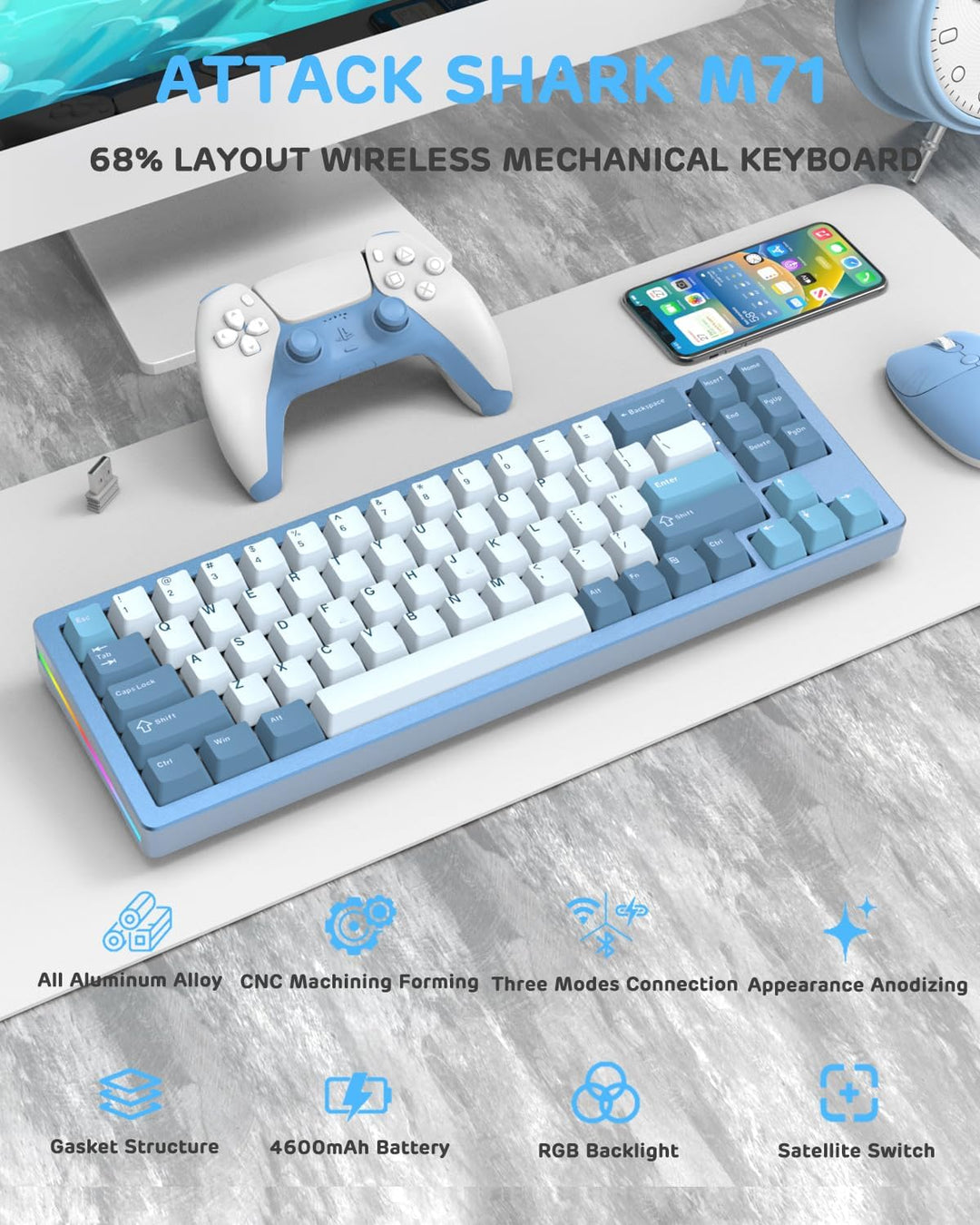 ATTACK SHARK M71 CNC Aluminum Custom Mechanical Gaming Keyboard, Tri-Mode-BT5.0/2.4G Wireless/Wired,