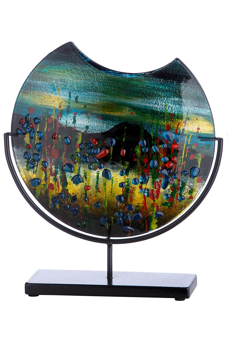 GILDE GLAS art Deko runde Vase auf schwarzem Metall Fuss - handbemalt mit Glaselementen - Kunstobjek