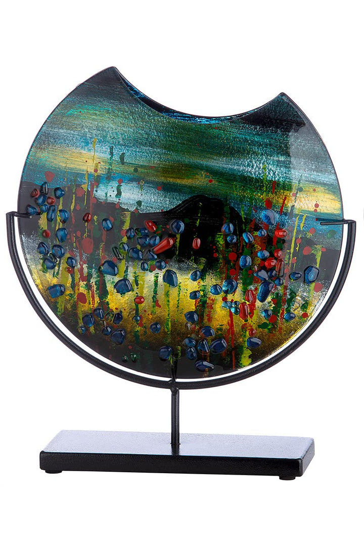 GILDE GLAS art Deko runde Vase auf schwarzem Metall Fuss - handbemalt mit Glaselementen - Kunstobjek