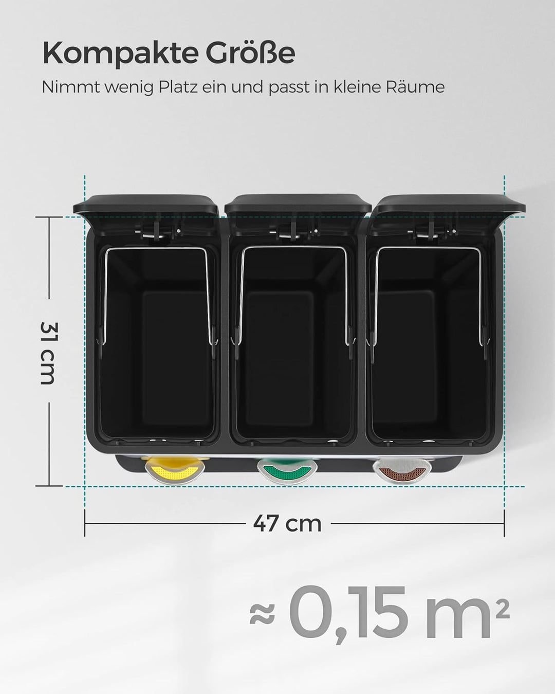 SONGMICS Mülleimer für die Küche, 3 x 8 L, Abfalleimer aus Metall, 3-in-1 Treteimer, Mülltrennung, M