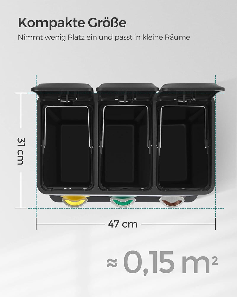 SONGMICS Mülleimer für die Küche, 3 x 8 L, Abfalleimer aus Metall, 3-in-1 Treteimer, Mülltrennung, M