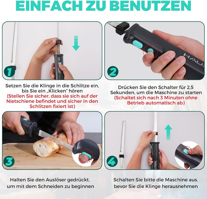 HAUSHOF Elektromesser, Kabelloses Küchenmesser mit 2 Edelstahlklingen, Elektrisches Messer mit Gabel